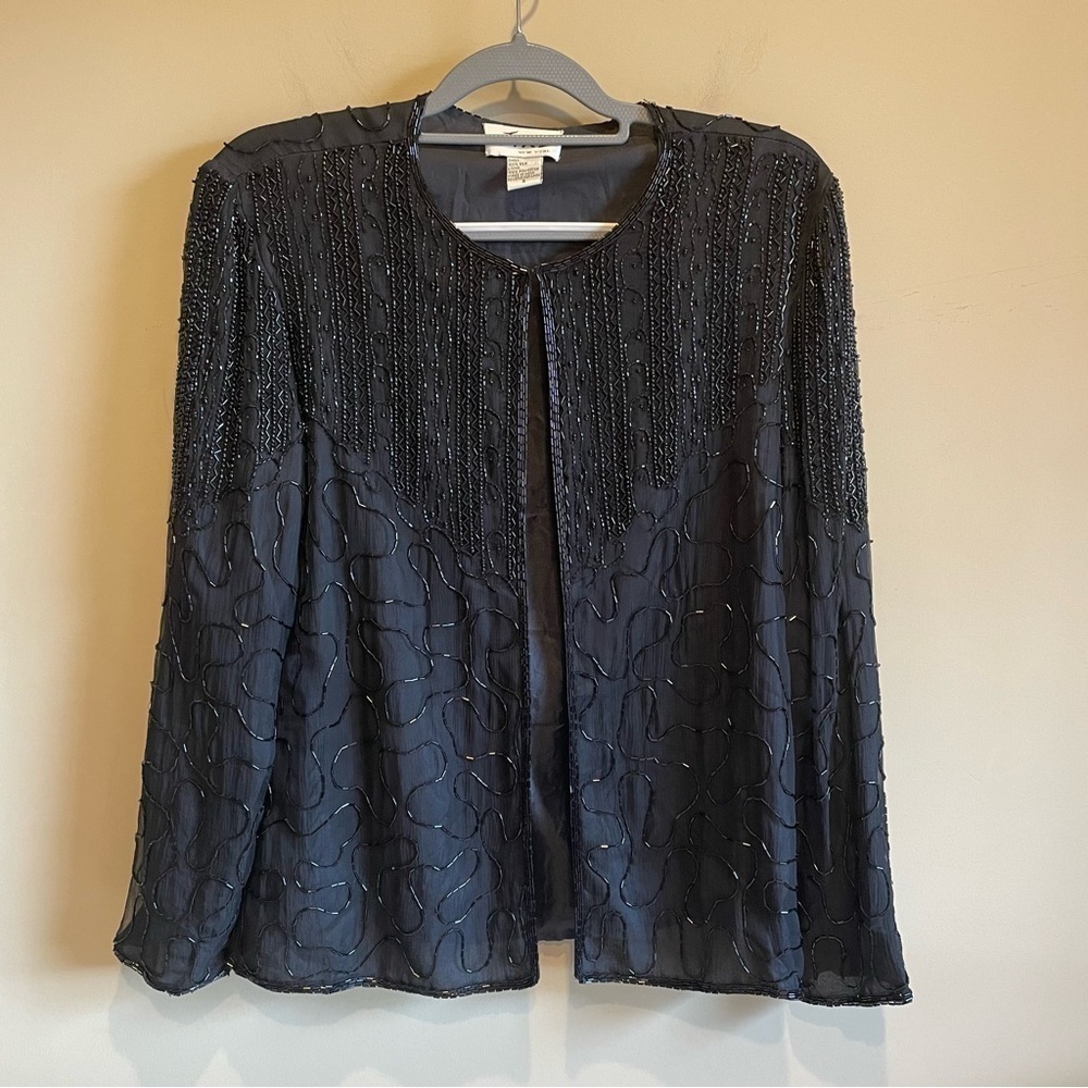 Vintage 100% Silk Black Sequined Beaded  Embellished Evening Blazer Jacket Small